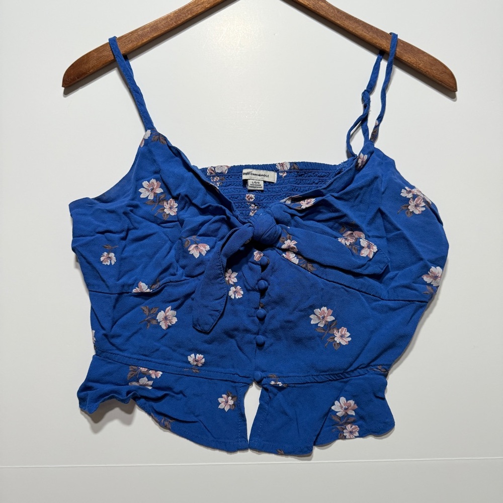 American Eagle Women's Crop Tank Top Front Bow Blue Floral, Size L